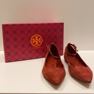 Tory Burch Red Suede Ashton T-Strap Flat